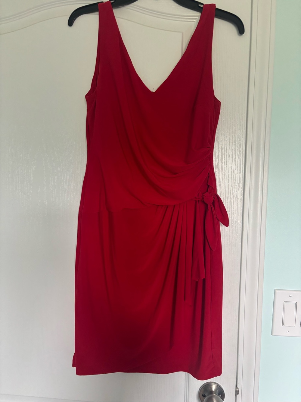 Lauren Ralph Lauren Red Draped V-Neck Midi Dress with Side Tie